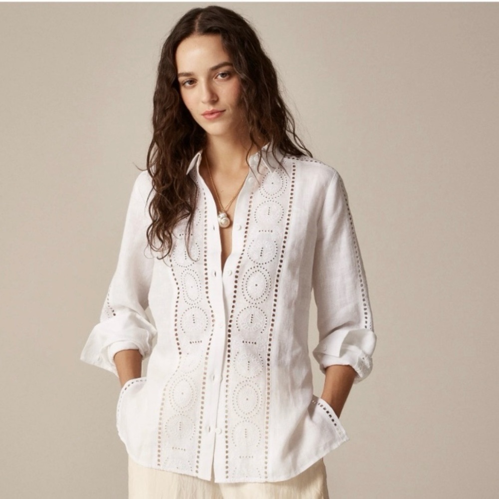 J Crew White Garçon Eyelet Linen Classic Fit Shirt Size 00 Breathable Resortwear